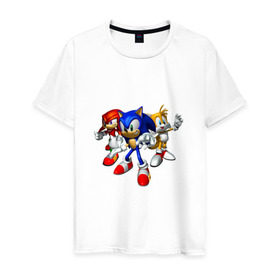 Мужская футболка хлопок с принтом Sonic, Tails & Knuckles в Курске, 100% хлопок | прямой крой, круглый вырез горловины, длина до линии бедер, слегка спущенное плечо. | наклз | наклс | соник | тейлз | тейлс