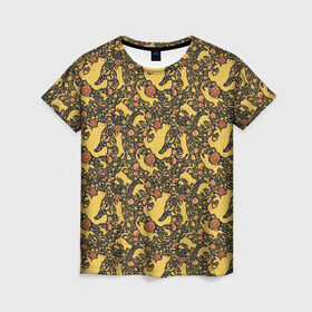Женская футболка 3D с принтом Кошки хохлома в Курске, 100% полиэфир ( синтетическое хлопкоподобное полотно) | прямой крой, круглый вырез горловины, длина до линии бедер | орнамент | паттерн | цветы