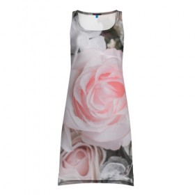 Платье-майка 3D с принтом розы в Курске, 100% полиэстер | полуприлегающий силуэт, широкие бретели, круглый вырез горловины, удлиненный подол сзади. | букет | винтаж | зелень | листья | розовые розы | романтика | цветы