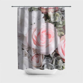 Штора 3D для ванной с принтом розы в Курске, 100% полиэстер | плотность материала — 100 г/м2. Стандартный размер — 146 см х 180 см. По верхнему краю — пластиковые люверсы для креплений. В комплекте 10 пластиковых колец | букет | винтаж | зелень | листья | розовые розы | романтика | цветы