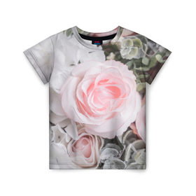 Детская футболка 3D с принтом розы в Курске, 100% гипоаллергенный полиэфир | прямой крой, круглый вырез горловины, длина до линии бедер, чуть спущенное плечо, ткань немного тянется | букет | винтаж | зелень | листья | розовые розы | романтика | цветы