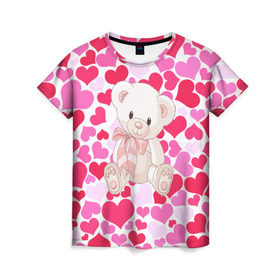 Женская футболка 3D с принтом Белый Мишка в Курске, 100% полиэфир ( синтетическое хлопкоподобное полотно) | прямой крой, круглый вырез горловины, длина до линии бедер | 14 февраля | bear | love | teddy | абстракция | арт | девушкам | день всех влюбленных | день святого валентина | животные | медведь | милые | мишка | сердечки | тедди