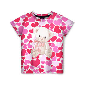 Детская футболка 3D с принтом Белый Мишка в Курске, 100% гипоаллергенный полиэфир | прямой крой, круглый вырез горловины, длина до линии бедер, чуть спущенное плечо, ткань немного тянется | Тематика изображения на принте: 14 февраля | bear | love | teddy | абстракция | арт | девушкам | день всех влюбленных | день святого валентина | животные | медведь | милые | мишка | сердечки | тедди