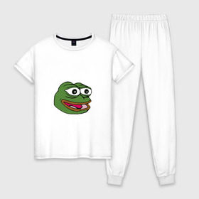 Женская пижама хлопок с принтом Pepe frog в Курске, 100% хлопок | брюки и футболка прямого кроя, без карманов, на брюках мягкая резинка на поясе и по низу штанин | meme pepe мем прикол лягушка