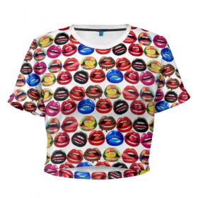 Женская футболка 3D укороченная с принтом Lips Pattern в Курске, 100% полиэстер | круглая горловина, длина футболки до линии талии, рукава с отворотами | lips | love | pattern | pop art | арт | губы | девушкам | любовь | пафосные | поп арт | поцелуй | текстура | узор