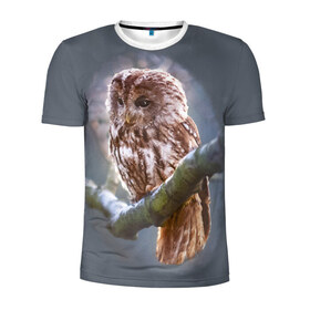 Мужская футболка 3D спортивная с принтом Сова в Курске, 100% полиэстер с улучшенными характеристиками | приталенный силуэт, круглая горловина, широкие плечи, сужается к линии бедра | owl | ветка | ночной хищник | птица | птичка | серый | сова | хищная птица | хищник
