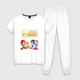 Женская пижама хлопок с принтом Sega Forever в Курске, 100% хлопок | брюки и футболка прямого кроя, без карманов, на брюках мягкая резинка на поясе и по низу штанин | knuckles | sonic | tails | наклз | сега | соник | тейлз