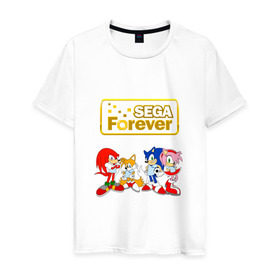 Мужская футболка хлопок с принтом Sega Forever в Курске, 100% хлопок | прямой крой, круглый вырез горловины, длина до линии бедер, слегка спущенное плечо. | knuckles | sonic | tails | наклз | сега | соник | тейлз