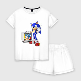 Женская пижама с шортиками хлопок с принтом Sonic в Курске, 100% хлопок | футболка прямого кроя, шорты свободные с широкой мягкой резинкой | sega | сега | соник