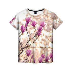 Женская футболка 3D с принтом Сакура в Курске, 100% полиэфир ( синтетическое хлопкоподобное полотно) | прямой крой, круглый вырез горловины, длина до линии бедер | деревья | красота | небо | природа | сакура | цветение | цветы | япония