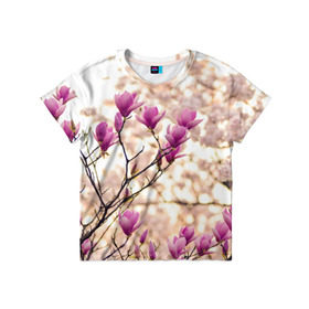 Детская футболка 3D с принтом Сакура в Курске, 100% гипоаллергенный полиэфир | прямой крой, круглый вырез горловины, длина до линии бедер, чуть спущенное плечо, ткань немного тянется | Тематика изображения на принте: деревья | красота | небо | природа | сакура | цветение | цветы | япония