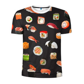 Мужская футболка 3D спортивная с принтом Суши в Курске, 100% полиэстер с улучшенными характеристиками | приталенный силуэт, круглая горловина, широкие плечи, сужается к линии бедра | Тематика изображения на принте: food | rolls | sushi | tokyo | еда | роллы | суши | токио
