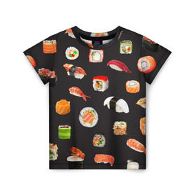 Детская футболка 3D с принтом Суши в Курске, 100% гипоаллергенный полиэфир | прямой крой, круглый вырез горловины, длина до линии бедер, чуть спущенное плечо, ткань немного тянется | Тематика изображения на принте: food | rolls | sushi | tokyo | еда | роллы | суши | токио