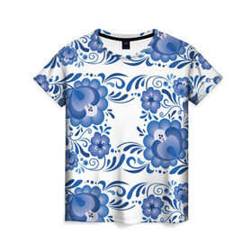 Женская футболка 3D с принтом Гжель в Курске, 100% полиэфир ( синтетическое хлопкоподобное полотно) | прямой крой, круглый вырез горловины, длина до линии бедер | гжель | текстура | узор | цветы