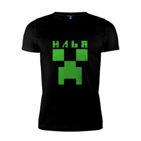 Мужская футболка премиум с принтом Илья - Minecraft в Курске, 92% хлопок, 8% лайкра | приталенный силуэт, круглый вырез ворота, длина до линии бедра, короткий рукав | Тематика изображения на принте: 
