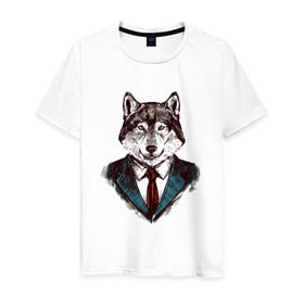 Мужская футболка хлопок с принтом Волк Бизнесмен в Курске, 100% хлопок | прямой крой, круглый вырез горловины, длина до линии бедер, слегка спущенное плечо. | бизнес | бизнесмен | волк | волк в костюме | волк с уолл стрит | волки | дикий