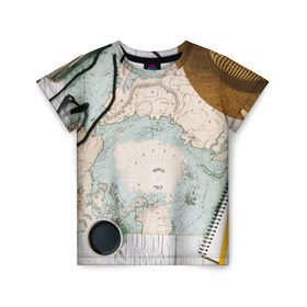 Детская футболка 3D с принтом Тайна путешествия в Курске, 100% гипоаллергенный полиэфир | прямой крой, круглый вырез горловины, длина до линии бедер, чуть спущенное плечо, ткань немного тянется | авантюра | карта | путешественник | турист