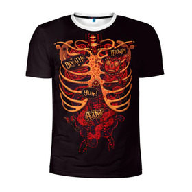 Мужская футболка 3D спортивная с принтом Человеческий скелет в Курске, 100% полиэстер с улучшенными характеристиками | приталенный силуэт, круглая горловина, широкие плечи, сужается к линии бедра | Тематика изображения на принте: 3d скелет | кости | легкие | органы | ребра | сердце | скелет | человек