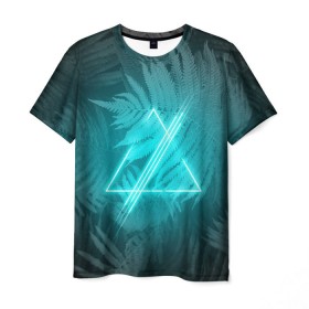 Мужская футболка 3D с принтом Neon light blue в Курске, 100% полиэфир | прямой крой, круглый вырез горловины, длина до линии бедер | Тематика изображения на принте: неон | папоротник | треугольник