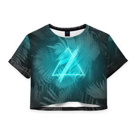 Женская футболка 3D укороченная с принтом Neon light blue в Курске, 100% полиэстер | круглая горловина, длина футболки до линии талии, рукава с отворотами | неон | папоротник | треугольник