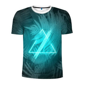 Мужская футболка 3D спортивная с принтом Neon light blue в Курске, 100% полиэстер с улучшенными характеристиками | приталенный силуэт, круглая горловина, широкие плечи, сужается к линии бедра | неон | папоротник | треугольник