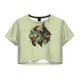 Женская футболка 3D укороченная с принтом Бульбазавр в Курске, 100% полиэстер | круглая горловина, длина футболки до линии талии, рукава с отворотами | pocket monster | pokemon | аниме | изба | избушка | кичум | пикачу | эш