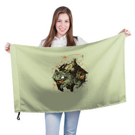 Флаг 3D с принтом Бульбазавр в Курске, 100% полиэстер | плотность ткани — 95 г/м2, размер — 67 х 109 см. Принт наносится с одной стороны | Тематика изображения на принте: pocket monster | pokemon | аниме | изба | избушка | кичум | пикачу | эш