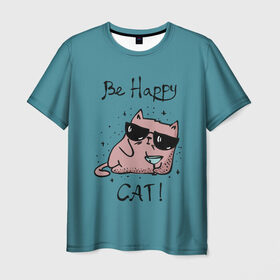 Мужская футболка 3D с принтом Быть счастливым котом! в Курске, 100% полиэфир | прямой крой, круглый вырез горловины, длина до линии бедер | cat | happy | домашние любимцы | животные | котики | котэ | котята | любов | милые | счастье