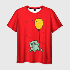 Мужская футболка 3D с принтом Котик на шарике в Курске, 100% полиэфир | прямой крой, круглый вырез горловины, длина до линии бедер | cat | домашние любимцы | животные | котики | котэ | котята | любовь | милые | шарик