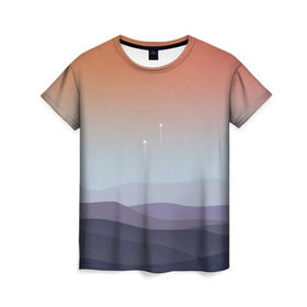 Женская футболка 3D с принтом Безмятежность в Курске, 100% полиэфир ( синтетическое хлопкоподобное полотно) | прямой крой, круглый вырез горловины, длина до линии бедер | landscape | stars | барханы | взлёт | звёзды | космос | небо | пейзаж | пески | полёт | пустыня | ракета