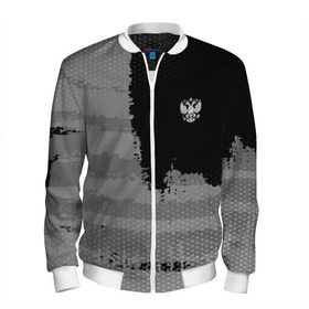 Мужской бомбер 3D с принтом Russia Sport collection Gray в Курске, 100% полиэстер | застегивается на молнию, по бокам два кармана без застежек, по низу бомбера и на воротнике - эластичная резинка | Тематика изображения на принте: abstraction | grunge | russia | sport | абстракция | герб | краска | русский | символика рф | спорт | спортивный | триколор | униформа | форма | я русский