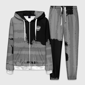 Мужской костюм 3D с принтом Russia Sport collection Gray в Курске, 100% полиэстер | Манжеты и пояс оформлены тканевой резинкой, двухслойный капюшон со шнурком для регулировки, карманы спереди | Тематика изображения на принте: abstraction | grunge | russia | sport | абстракция | герб | краска | русский | символика рф | спорт | спортивный | триколор | униформа | форма | я русский