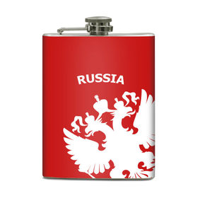 Фляга с принтом RUSSIA Red&White в Курске, металлический корпус | емкость 0,22 л, размер 125 х 94 мм. Виниловая наклейка запечатывается полностью | Тематика изображения на принте: 