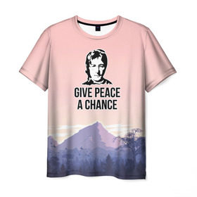 Мужская футболка 3D с принтом Give Peace a Chance в Курске, 100% полиэфир | прямой крой, круглый вырез горловины, длина до линии бедер | битлз | горы | джон леннон | ленон | мир | песня | цитаты | шанс