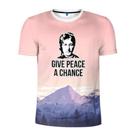 Мужская футболка 3D спортивная с принтом Give Peace a Chance в Курске, 100% полиэстер с улучшенными характеристиками | приталенный силуэт, круглая горловина, широкие плечи, сужается к линии бедра | битлз | горы | джон леннон | ленон | мир | песня | цитаты | шанс