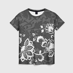 Женская футболка 3D с принтом Кружевной узор в Курске, 100% полиэфир ( синтетическое хлопкоподобное полотно) | прямой крой, круглый вырез горловины, длина до линии бедер | flowers | pattern | арт | винтаж | кружева | орнамент | текстура | узор | цветы | черно белый