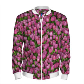 Мужской бомбер 3D с принтом Розовые тюльпаны в Курске, 100% полиэстер | застегивается на молнию, по бокам два кармана без застежек, по низу бомбера и на воротнике - эластичная резинка | Тематика изображения на принте: 