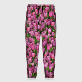 Мужские брюки 3D с принтом Розовые тюльпаны в Курске, 100% полиэстер | манжеты по низу, эластичный пояс регулируется шнурком, по бокам два кармана без застежек, внутренняя часть кармана из мелкой сетки | 