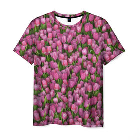 Мужская футболка 3D с принтом Розовые тюльпаны в Курске, 100% полиэфир | прямой крой, круглый вырез горловины, длина до линии бедер | Тематика изображения на принте: 