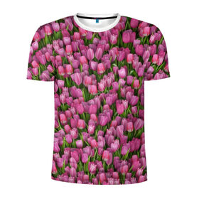 Мужская футболка 3D спортивная с принтом Розовые тюльпаны в Курске, 100% полиэстер с улучшенными характеристиками | приталенный силуэт, круглая горловина, широкие плечи, сужается к линии бедра | Тематика изображения на принте: 