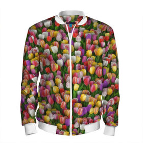 Мужской бомбер 3D с принтом Разноцветные тюльпаны в Курске, 100% полиэстер | застегивается на молнию, по бокам два кармана без застежек, по низу бомбера и на воротнике - эластичная резинка | 8 марта | tulip | белый | букет | желтый | зеленый | красный | паттерн | розовый | тюльпан | тюльпанчики | цветок | цветочки | цветы