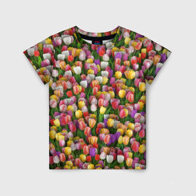 Детская футболка 3D с принтом Разноцветные тюльпаны в Курске, 100% гипоаллергенный полиэфир | прямой крой, круглый вырез горловины, длина до линии бедер, чуть спущенное плечо, ткань немного тянется | 8 марта | tulip | белый | букет | желтый | зеленый | красный | паттерн | розовый | тюльпан | тюльпанчики | цветок | цветочки | цветы
