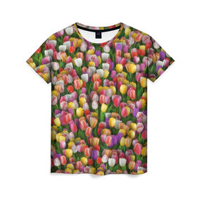 Женская футболка 3D с принтом Разноцветные тюльпаны в Курске, 100% полиэфир ( синтетическое хлопкоподобное полотно) | прямой крой, круглый вырез горловины, длина до линии бедер | 8 марта | tulip | белый | букет | желтый | зеленый | красный | паттерн | розовый | тюльпан | тюльпанчики | цветок | цветочки | цветы
