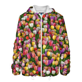 Мужская куртка 3D с принтом Разноцветные тюльпаны в Курске, ткань верха — 100% полиэстер, подклад — флис | прямой крой, подол и капюшон оформлены резинкой с фиксаторами, два кармана без застежек по бокам, один большой потайной карман на груди. Карман на груди застегивается на липучку | 8 марта | tulip | белый | букет | желтый | зеленый | красный | паттерн | розовый | тюльпан | тюльпанчики | цветок | цветочки | цветы