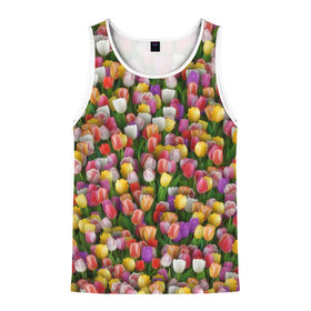Мужская майка 3D с принтом Разноцветные тюльпаны в Курске, 100% полиэстер | круглая горловина, приталенный силуэт, длина до линии бедра. Пройма и горловина окантованы тонкой бейкой | Тематика изображения на принте: 8 марта | tulip | белый | букет | желтый | зеленый | красный | паттерн | розовый | тюльпан | тюльпанчики | цветок | цветочки | цветы