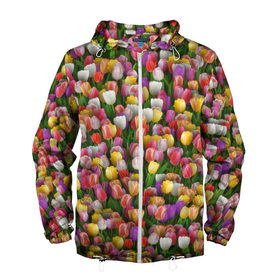 Мужская ветровка 3D с принтом Разноцветные тюльпаны в Курске, 100% полиэстер | подол и капюшон оформлены резинкой с фиксаторами, два кармана без застежек по бокам, один потайной карман на груди | 8 марта | tulip | белый | букет | желтый | зеленый | красный | паттерн | розовый | тюльпан | тюльпанчики | цветок | цветочки | цветы