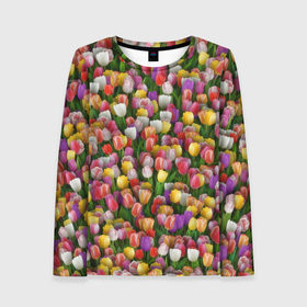Женский лонгслив 3D с принтом Разноцветные тюльпаны в Курске, 100% полиэстер | длинные рукава, круглый вырез горловины, полуприлегающий силуэт | 8 марта | tulip | белый | букет | желтый | зеленый | красный | паттерн | розовый | тюльпан | тюльпанчики | цветок | цветочки | цветы