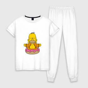 Женская пижама хлопок с принтом Гомерчик в Курске, 100% хлопок | брюки и футболка прямого кроя, без карманов, на брюках мягкая резинка на поясе и по низу штанин | donut | homer | simpsons | будда | гомер | пончик