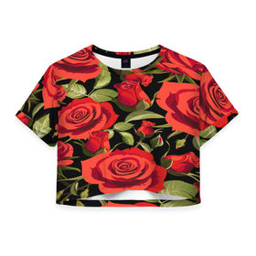 Женская футболка 3D укороченная с принтом Великолепные розы в Курске, 100% полиэстер | круглая горловина, длина футболки до линии талии, рукава с отворотами | flower | pattern | spring | букет | весна | паттерн | праздник | розы | цветочный | цветы
