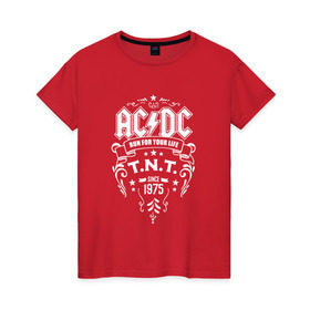 Женская футболка хлопок с принтом AC/DC run for your life в Курске, 100% хлопок | прямой крой, круглый вырез горловины, длина до линии бедер, слегка спущенное плечо | ac dc | acdc ас дс | асдс